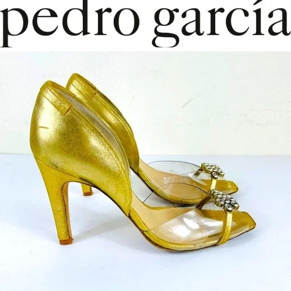 PEDRO GARCIA Retro Gold Metallic Jewel Glitter Peep Toe D'Orsay Heels Shoes 7.5 - Picture 3 of 16